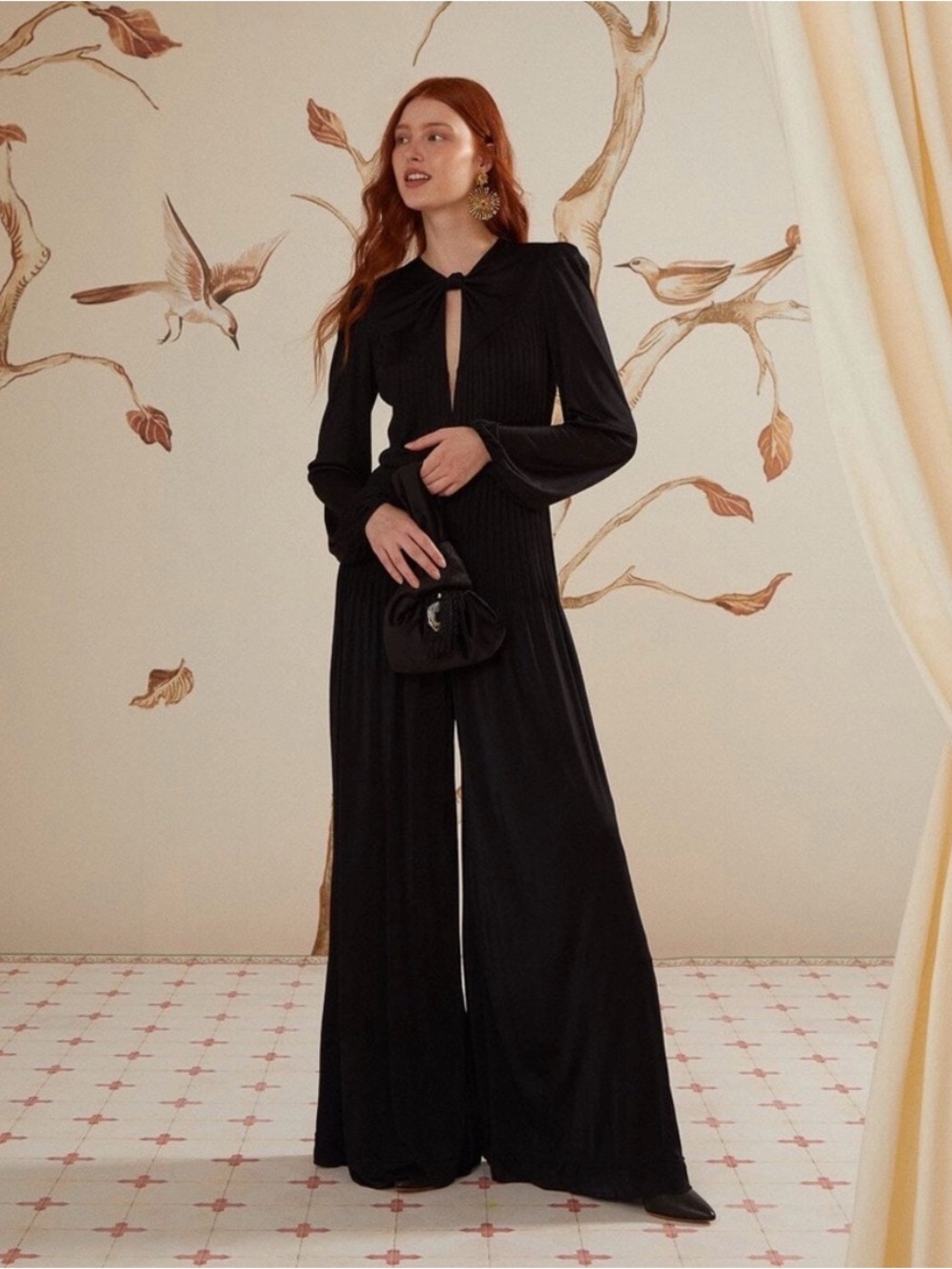 Farm Rio NEW Black Long Sleeve Knot Jumpsuit, Size S